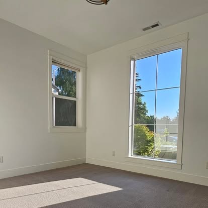 Sunny empty bedroom with fresh carpet